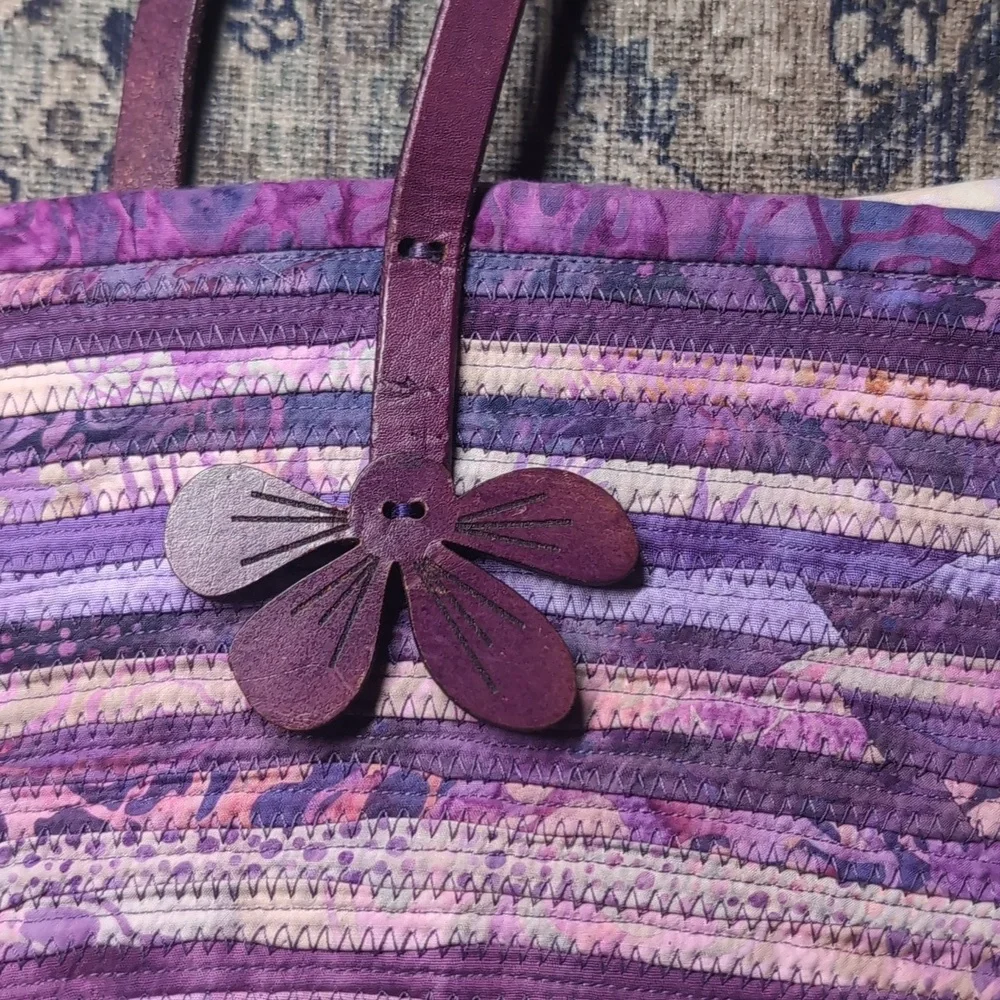 Woven Cloth & Leather Vintage Purple and Lavender Fabric Striped Tote Bag Floral